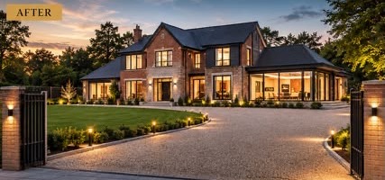 Completed five-bedroom detached home with landscaped drive at dusk