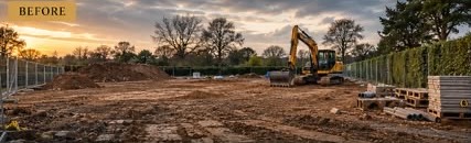 Cleared plot with excavator at sunrise, before construction