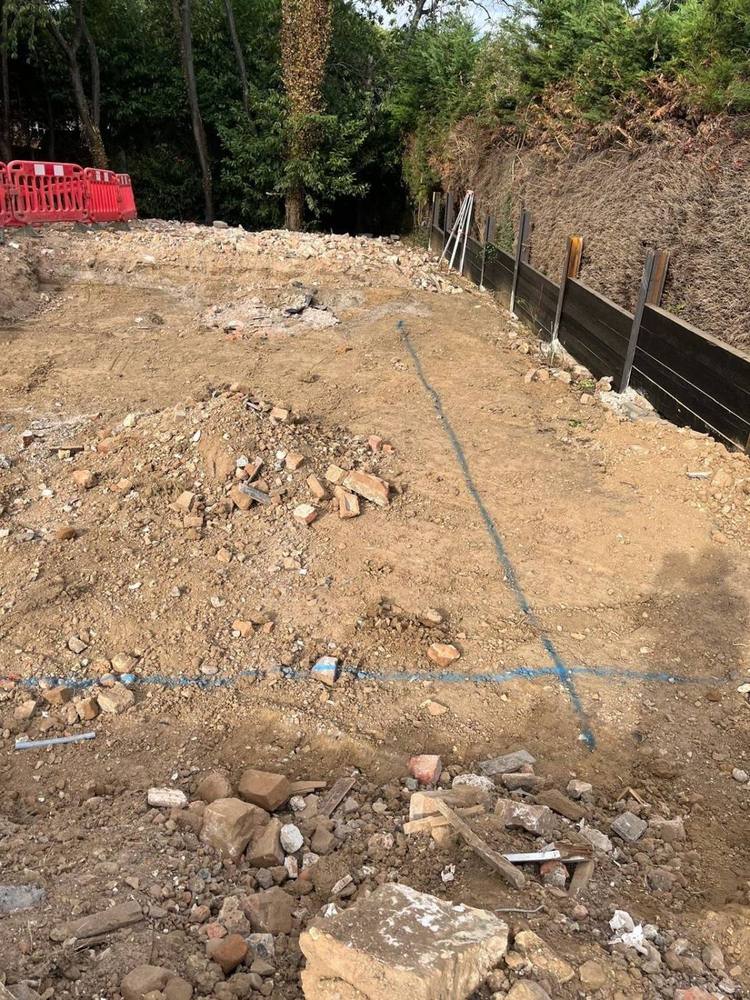 Setting out lines marked in blue paint across a cleared plot