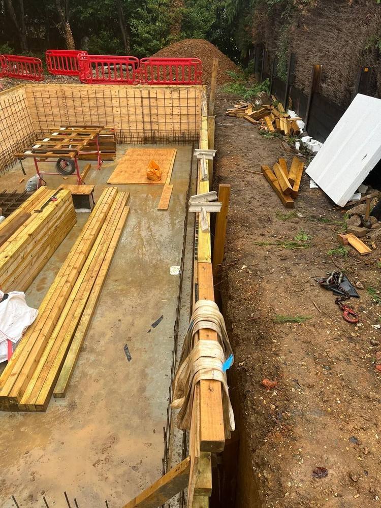 Braced plywood shutters and reinforcement ready for the pour